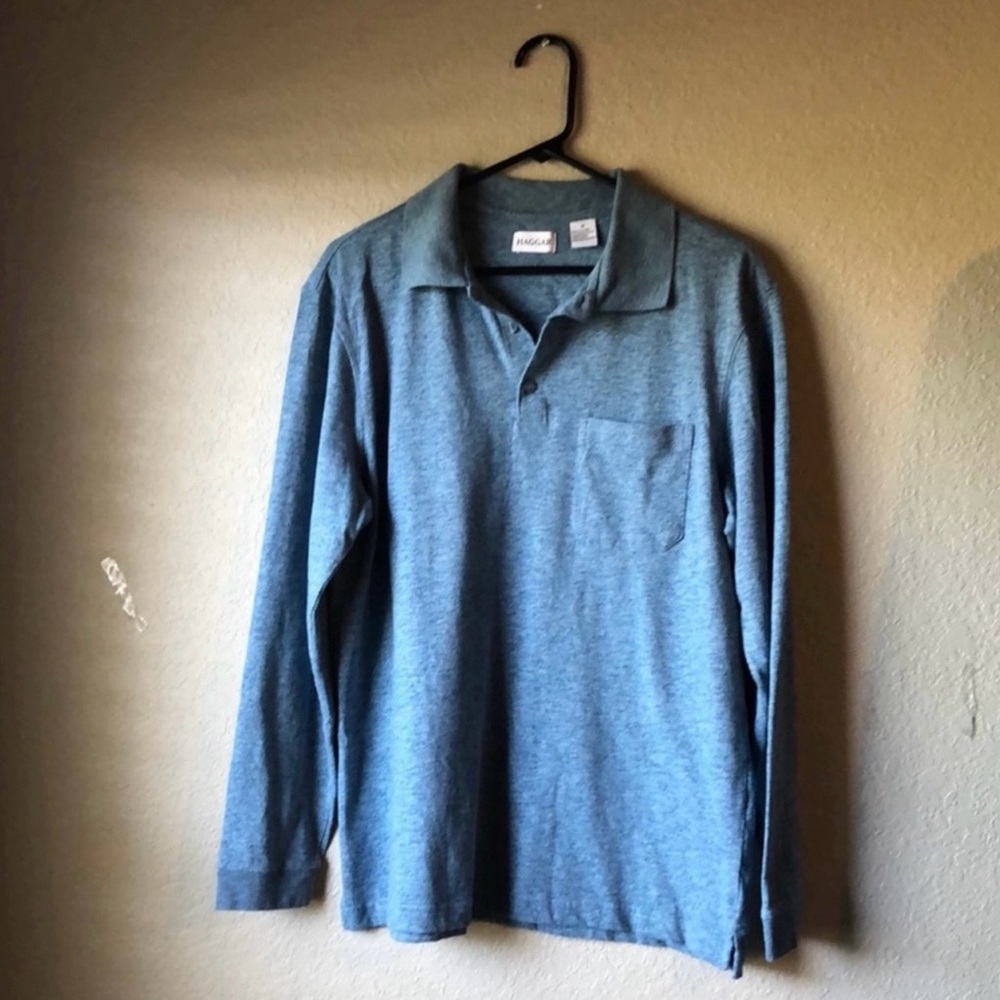 Haggar Shirt Men’s Blue Long Sleeve Collared Polo Casual Preppy Golf Top Sz M